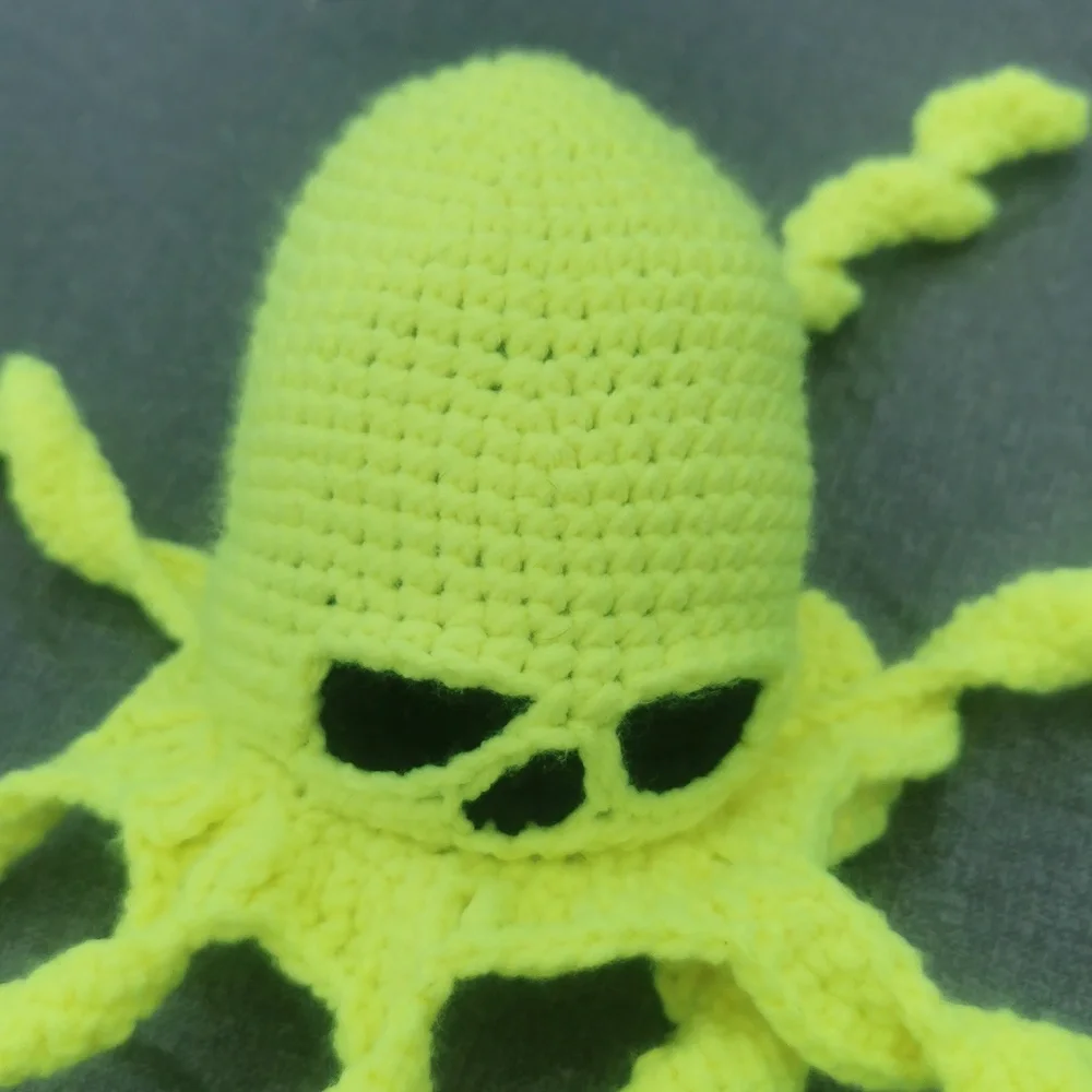 Creepy Octopus Bright Neon Yellow with black eyes crochet handmade homemade - Picture 2 of 5